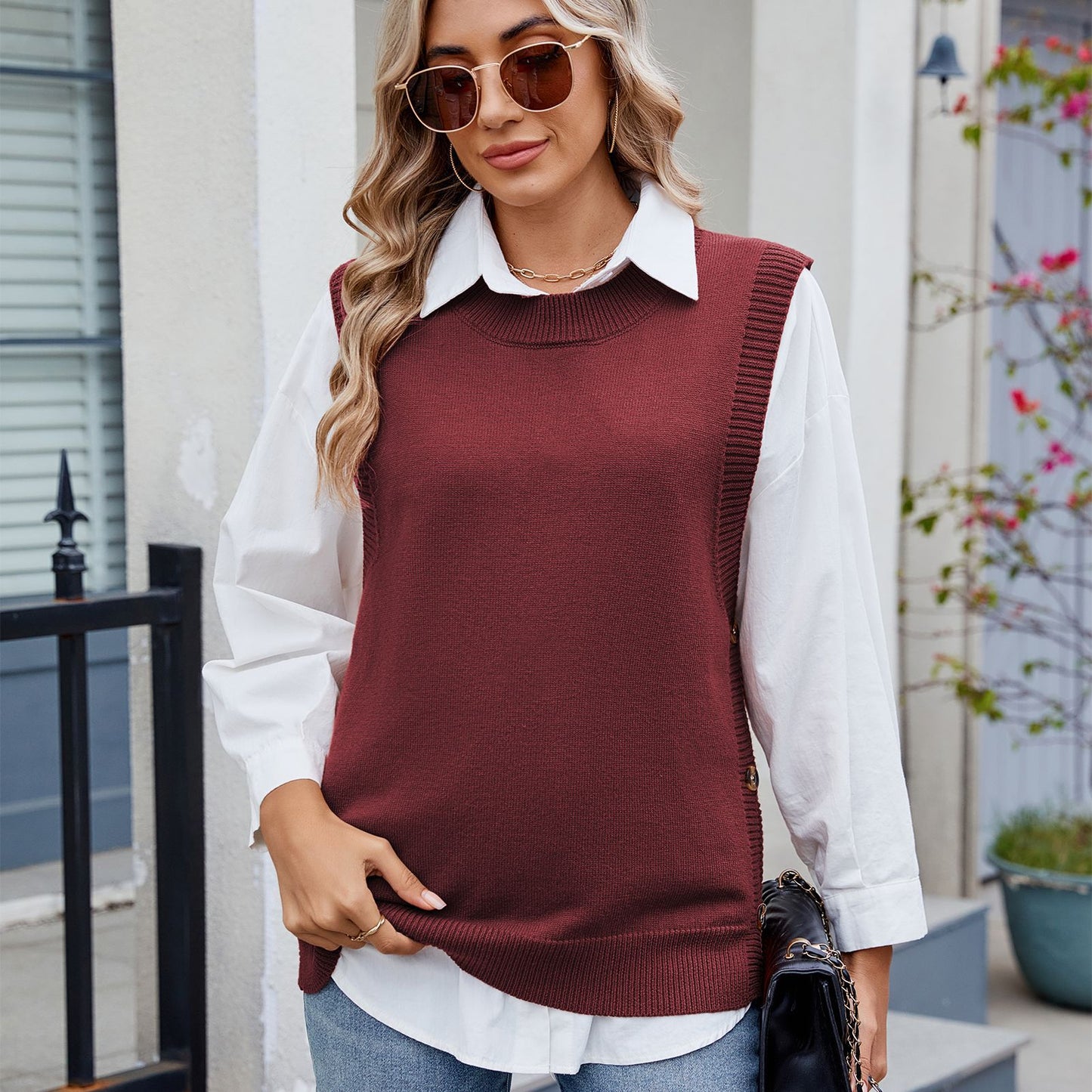 Casual Solid Color Buttons Decorative Slit Women Knit Shirt Sweater