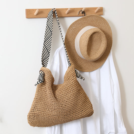 Navy Straw Bag Handmade Shoulder Woven Bag Women Bag Holiday Beach Bag