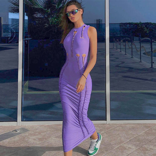 Women Clothing Summer Solid Color Hollow Out Cutout Slim round Neck Sleeveless Dress