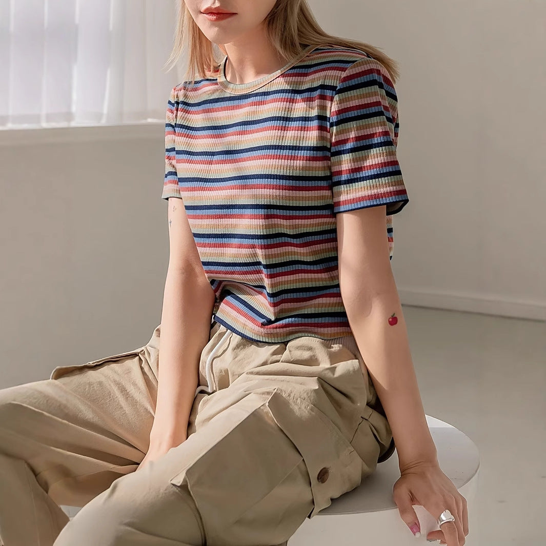 Women lothing round Neck T shirt Colorful Striped Short Sleeve Classic Casual Korean Top Mixed Color