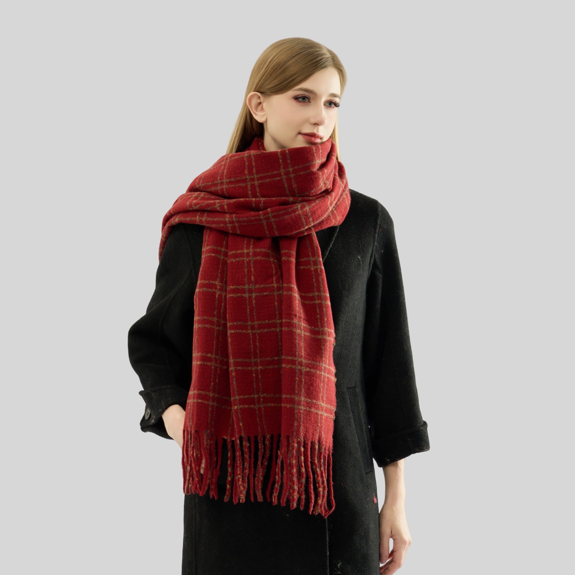 Women Color Matching Plaid Scarf Warm Thickened Winter All Matching Atmosphere Scarf