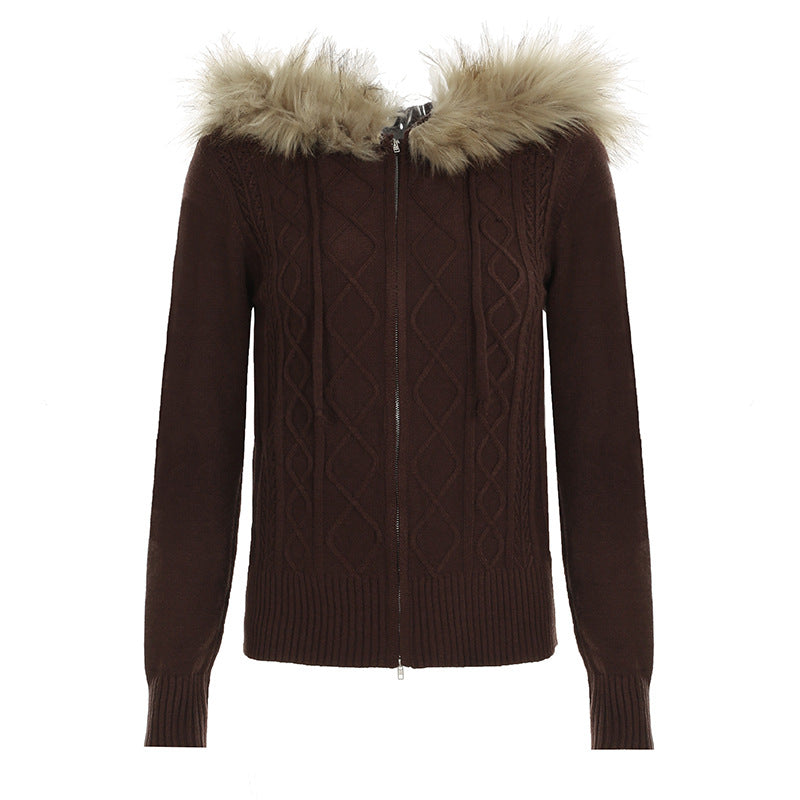 Autumn Winter Retro Twist Zipper Cardigan Sweater Slim Fit Sexy Warm Furry Hooded Jacket Two Piece Sets Brown