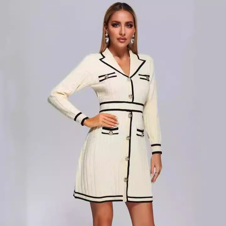 Long Sleeve Collared Knitted Classic Dress Button Contrast Color Slim Fit Short for Women