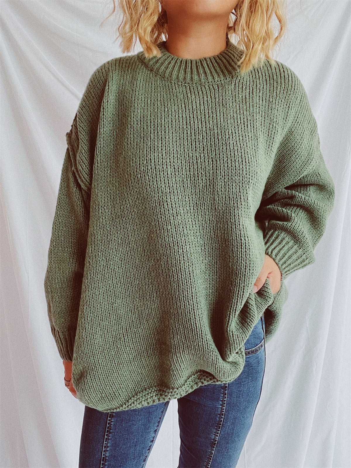 Women Autumn Winter Loose Pullover Sweater Long Sleeve round Neck ide out Wear Sweater for Women Green