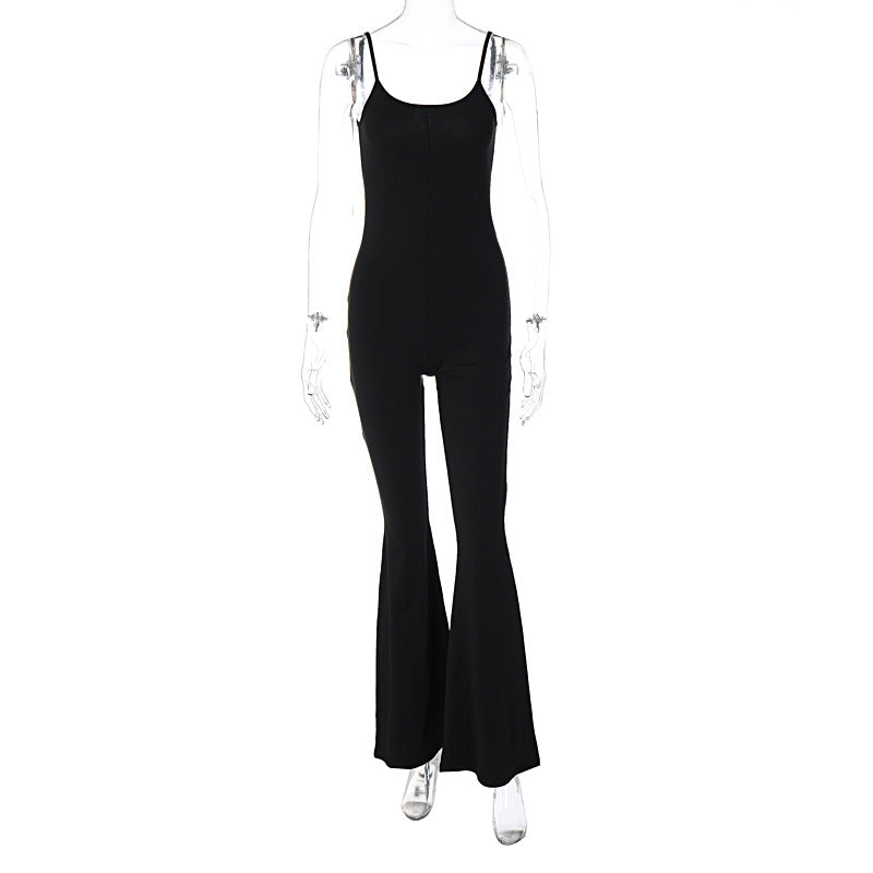 Women Clothing Spring Sexy U Collar Backless Slim Fit Solid Color Sling Jumpsuit Black