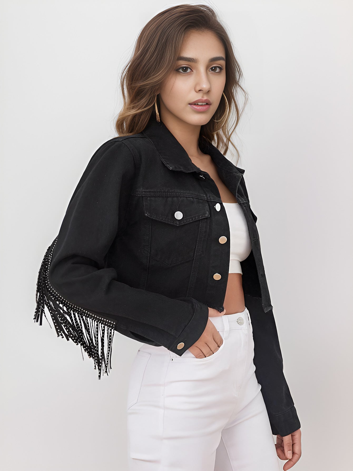 Women Clothing Denim Jacket Women Beaded Tassel Distressed Raw Edge Denim Short Jacket