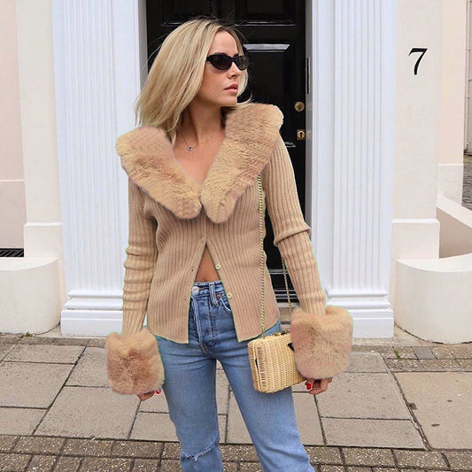 Sexy Fur Collar Knitted Coat Top Women Spring Long Sleeve Top