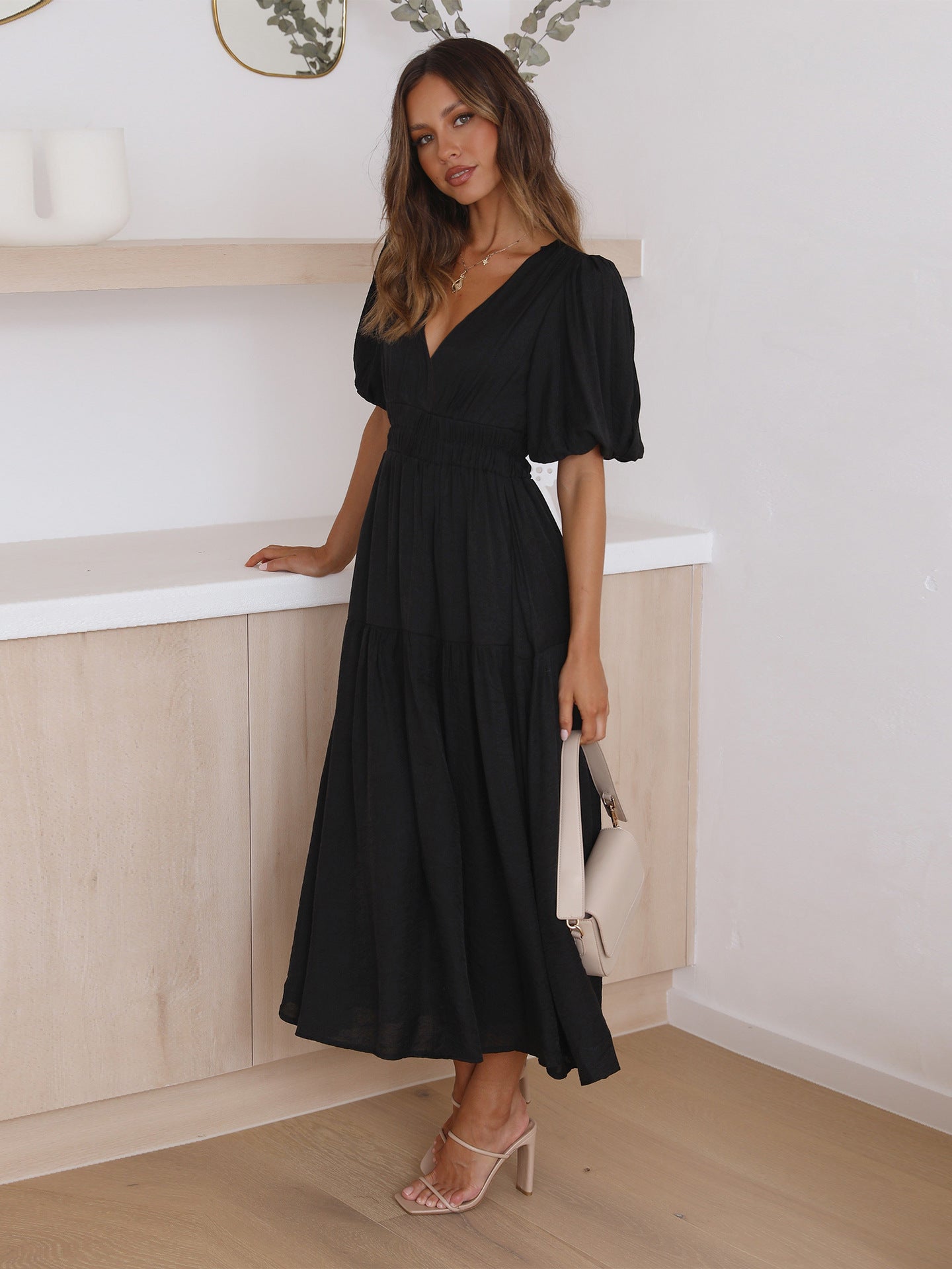 Summer Advanced Sense Vacation Deep V Plunge Puff Sleeve Dress Women Black