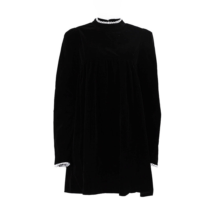 Women Spring Velvet Turtleneck Long Sleeve Girl Dress Pleated Casual Dress Black