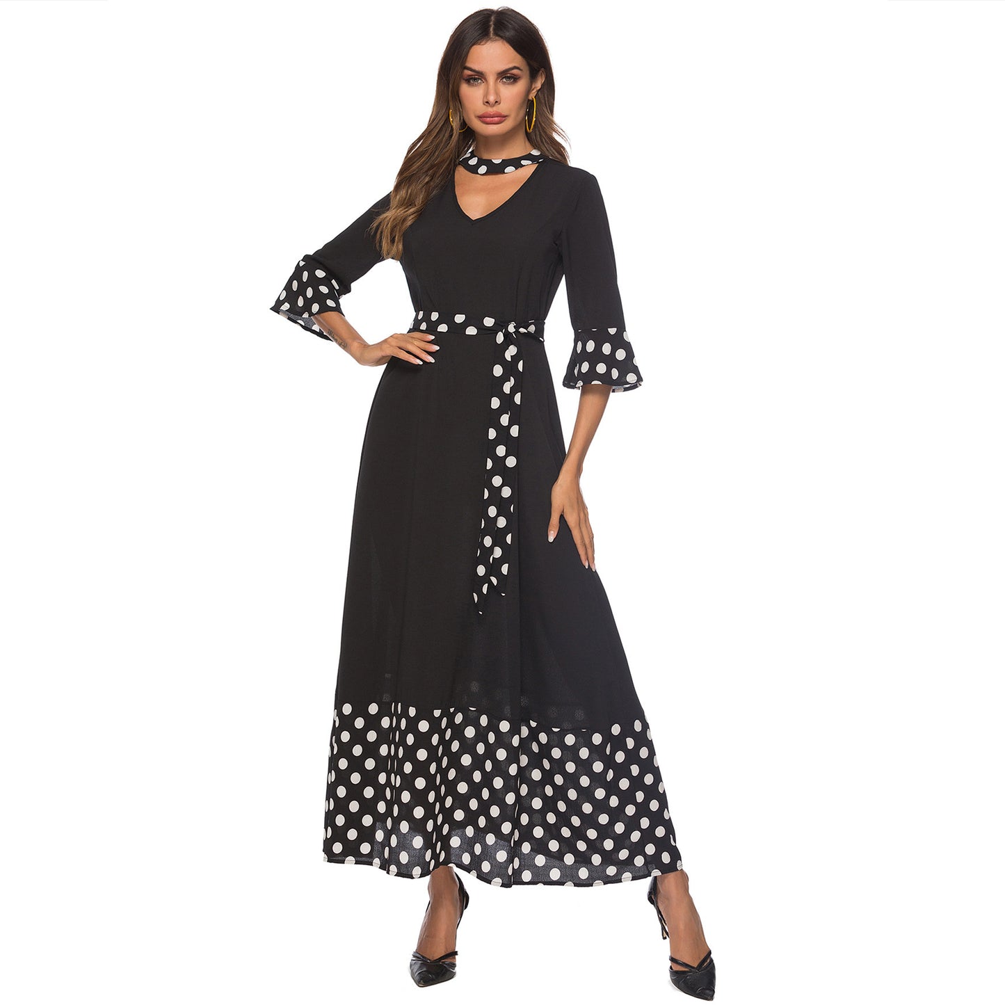 Women Clothing Dress V neck Flared Sleeves Stitching Polka Dot Dress Black