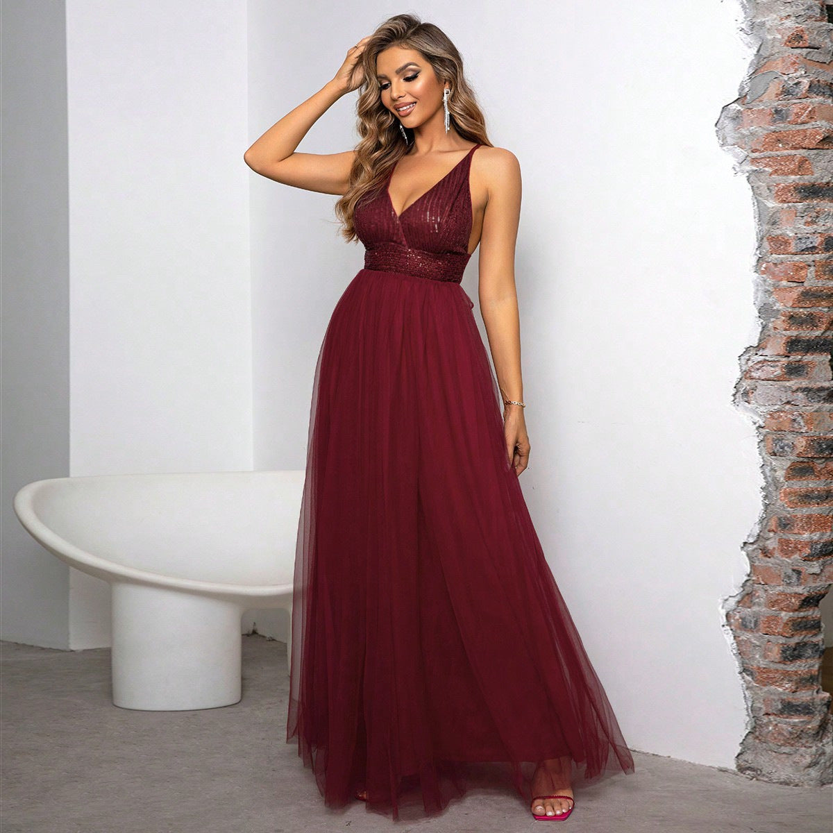 Women Clothing Sequin Stitching Backless Cross Strap Dress Winered