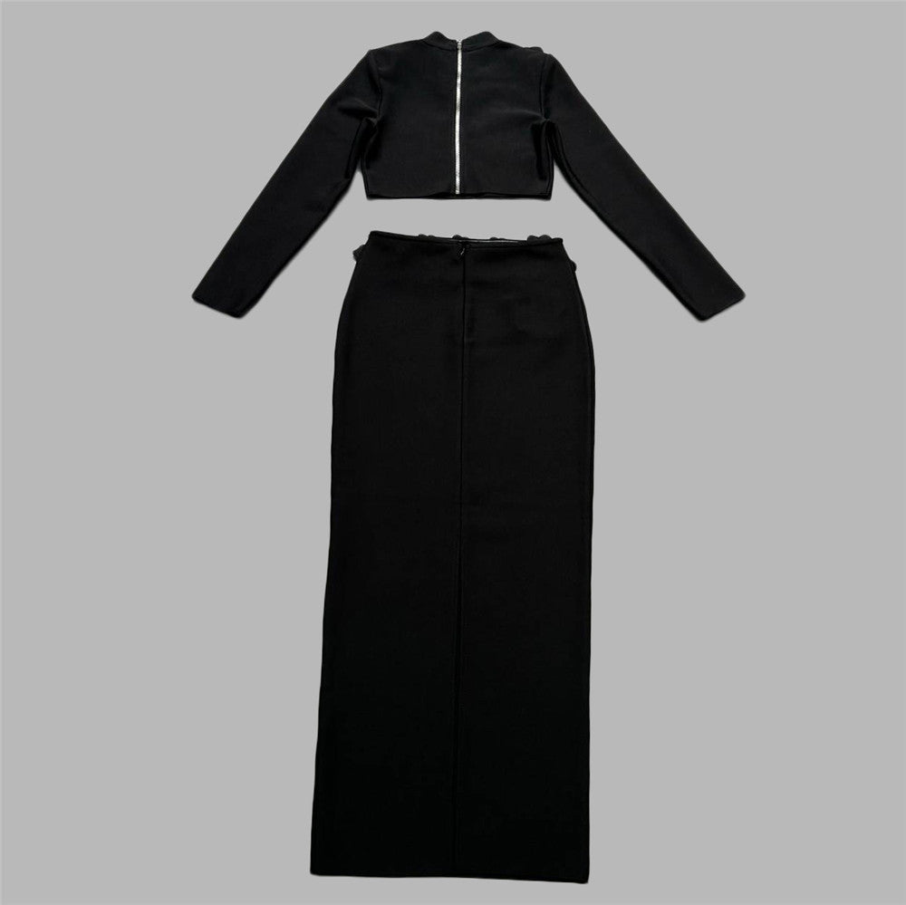 Diamond Bandage Skirt Set Long Sleeve Half Turtleneck Short Top Long Skirt Two Piece Set for Women