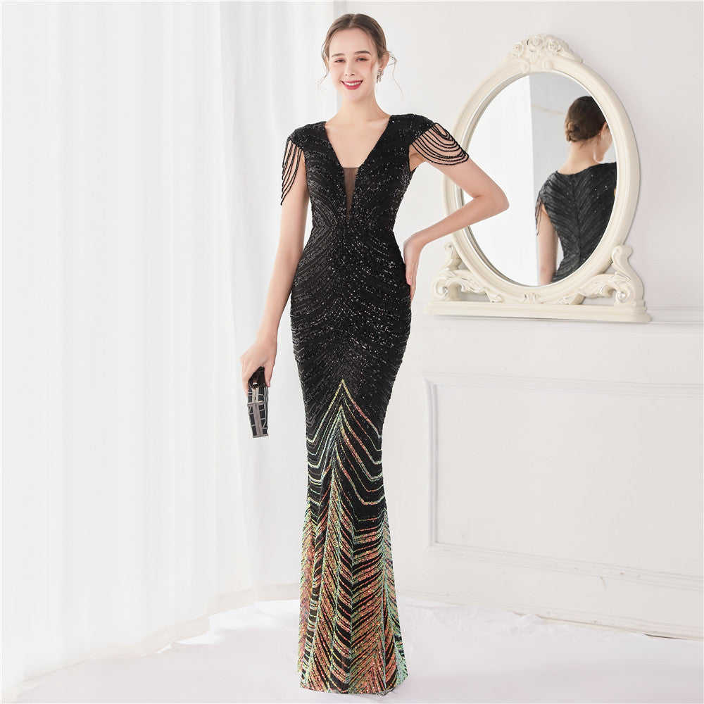 Positioning Floral Sequin Craft Beaded Party Party Evening Dress Sexy Long Toast Dress Bride Black