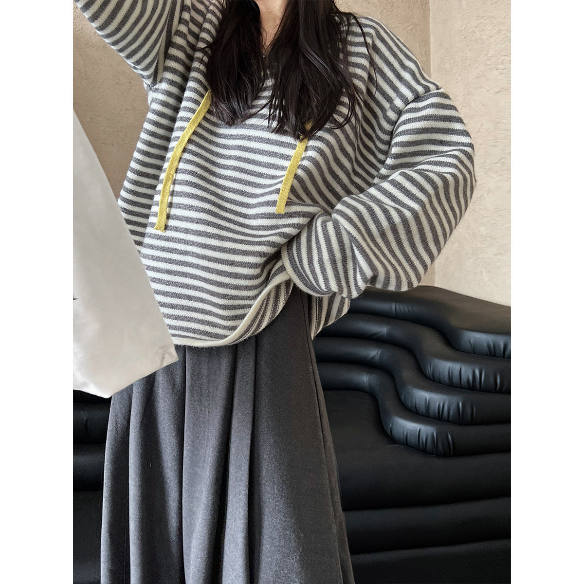 Contrast Color Striped Hooded Knitted Women Autumn Winter Pullover Sweatshirt Sweater Outerwear Top