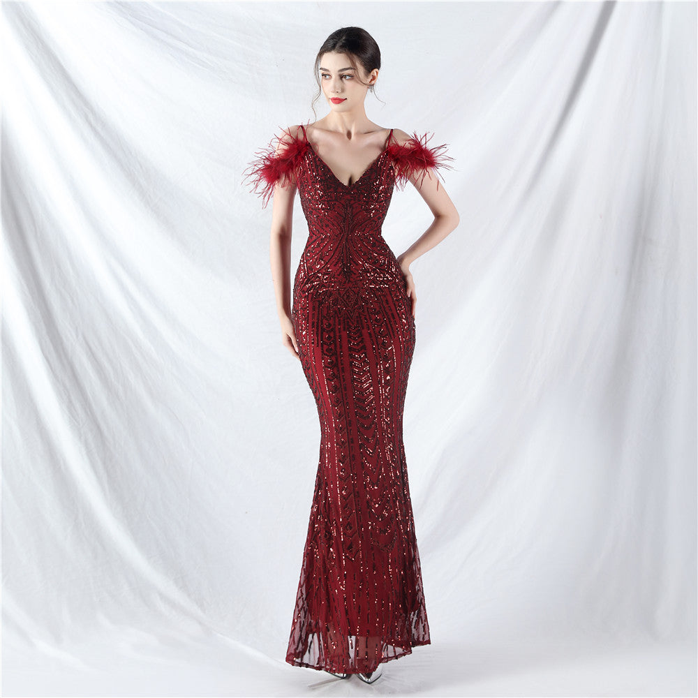 Positioning Floral Sequin Craft Order Ostrich Hair High End Evening Dress Burgundy