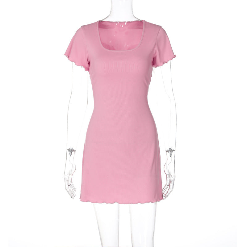 Women Clothing Summer Street Shooting Solid Color Slim Wave Edge Short Sleeve Dress Pink