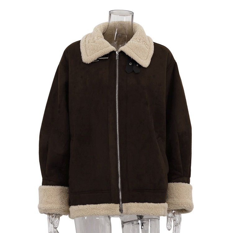 Women Clothing Winter Loose Suede Coat Women Short Lambswool Warm Retro Jacket Brown