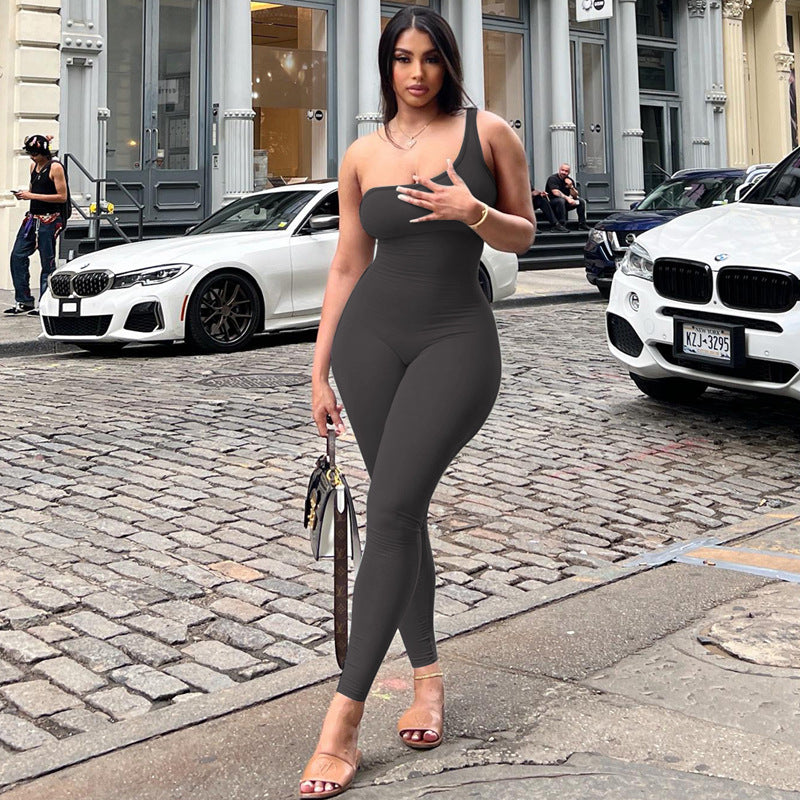 Spring Women Clothing Solid Color One Shoulder Slim Fit Hip Raise Sports Fitness Jumpsuit Women Gray