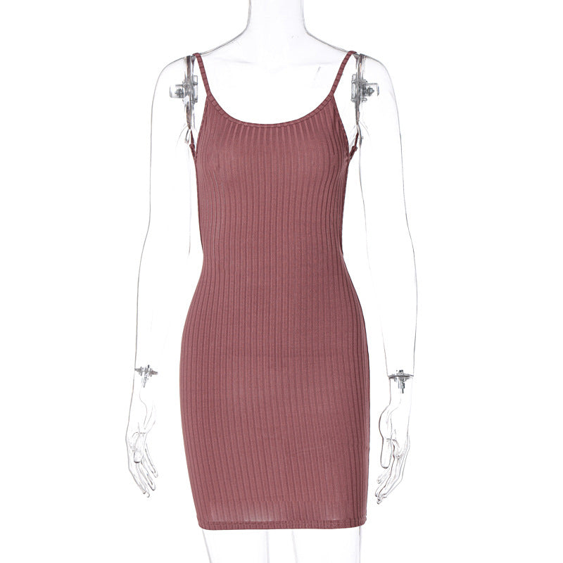 Women Clothing Solid Color Waist Tight Slimming Knitted Sleeveless Sheath Dress Brown