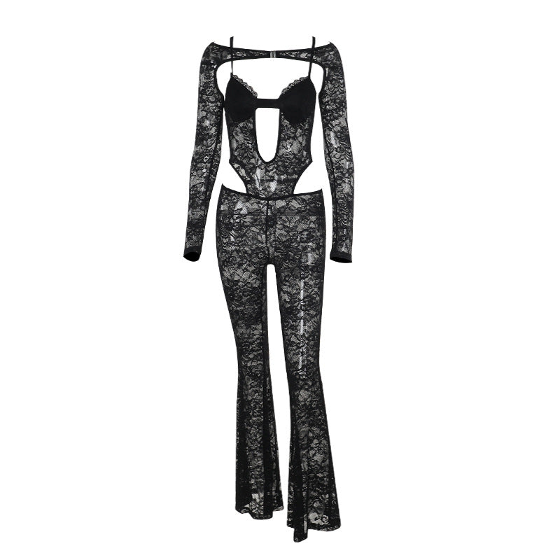 Autumn Elegant Sexy Slim Lace Long Sleeve Two Piece Jumpsuit for Women