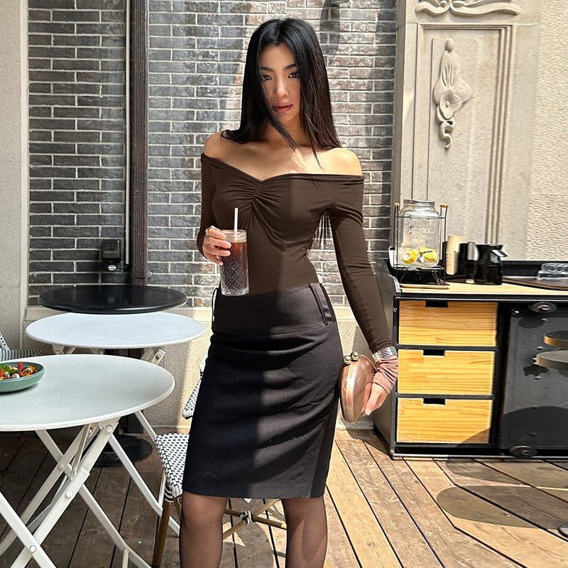 Women Clothing Pure Sexy Autumn off Neck Slim Pleated Long Sleeve Bottoming Shirt Top