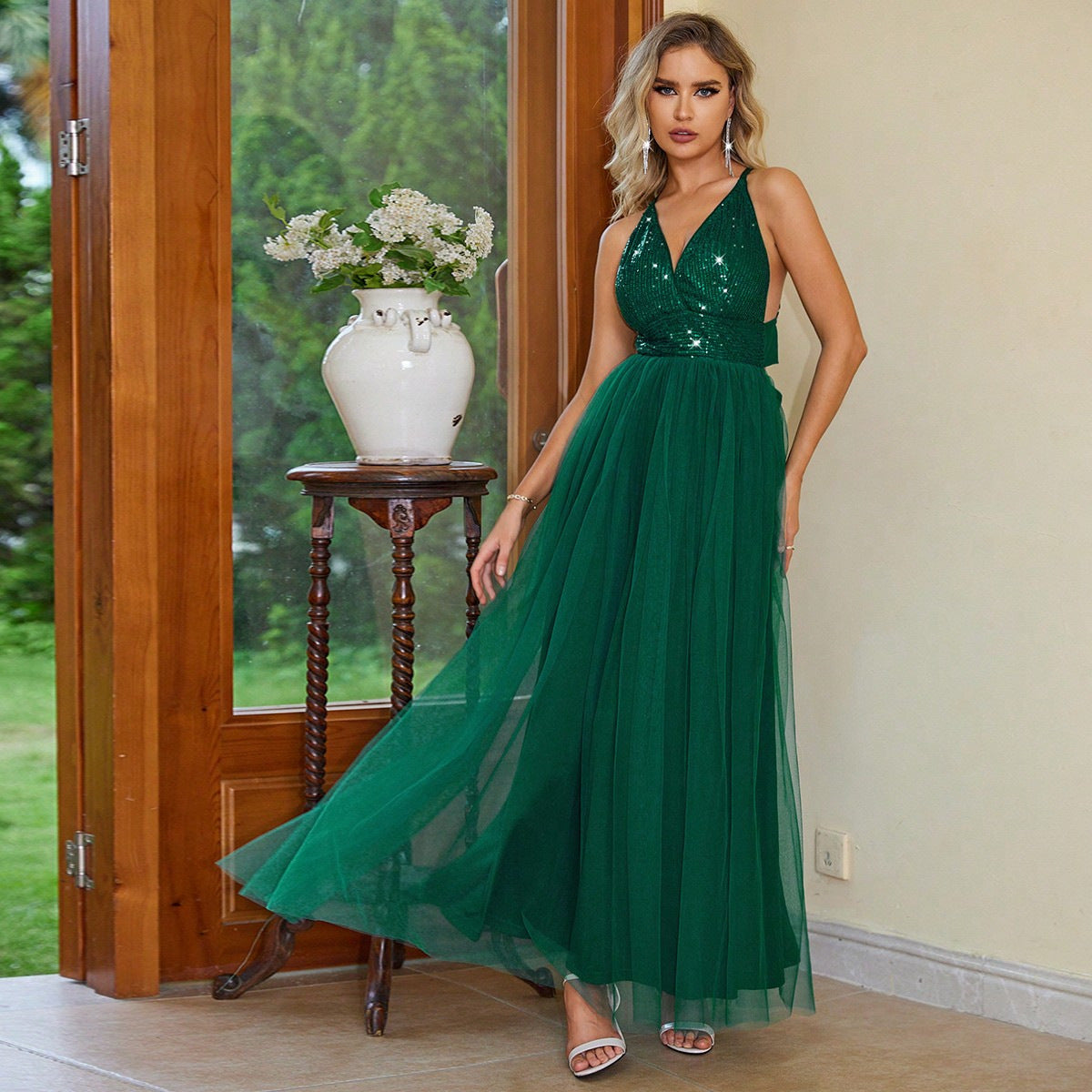 Women Clothing Sequin Stitching Backless Cross Strap Dress Dark green