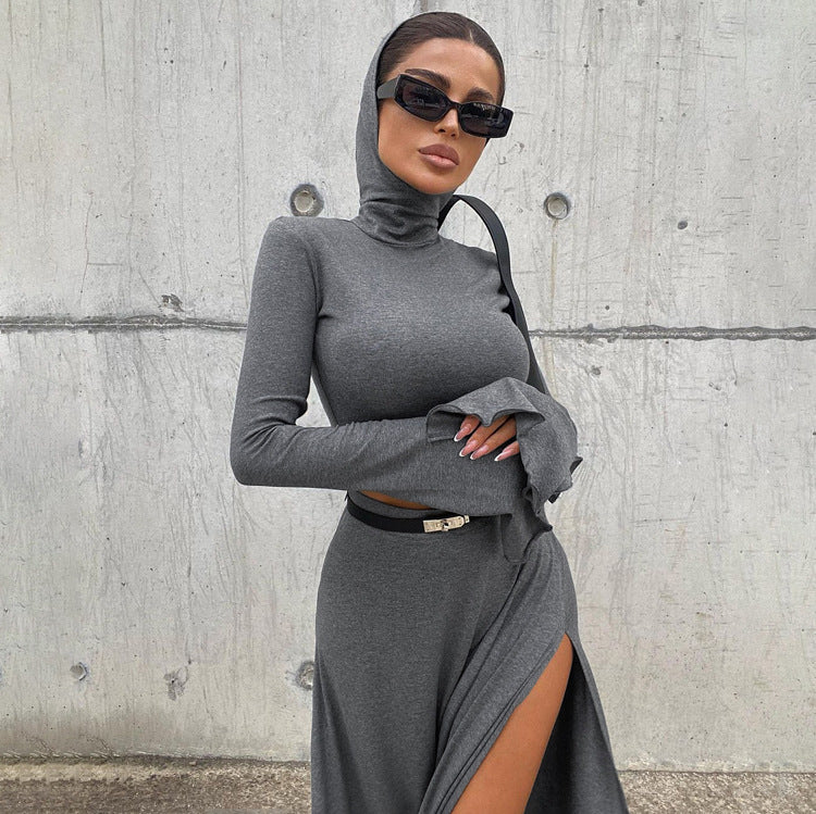 Women Clothing Short Hood Top High Waist Side Slit Unique Skirt Spring Autumn Two Piece Set Women