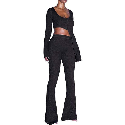 Sexy Two Piece Set Long Sleeves Cropped Short Top Tight Flared Pants Women Clothing