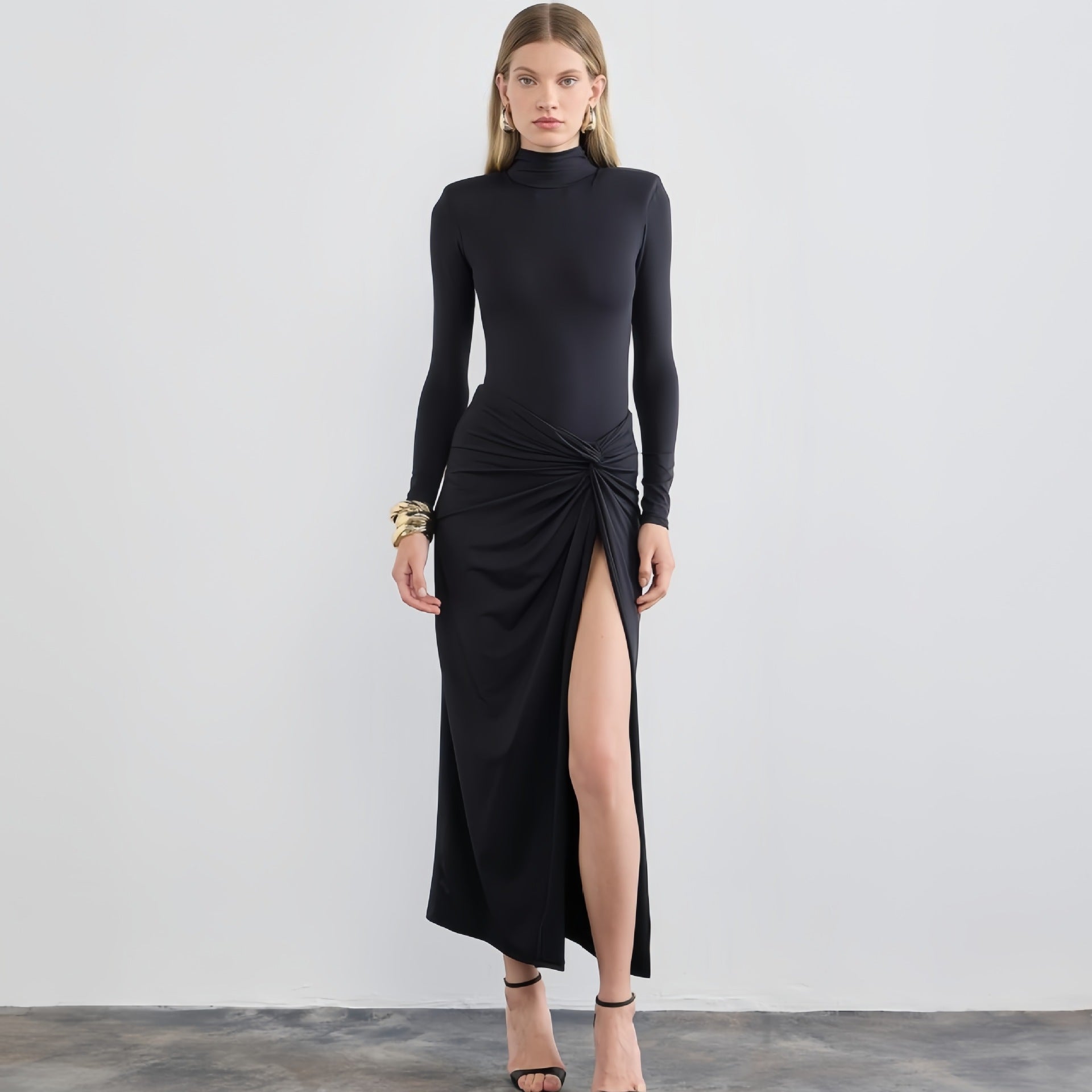 Fall Women Clothing Half Turtleneck Sexy Slit Pleated Dress Women