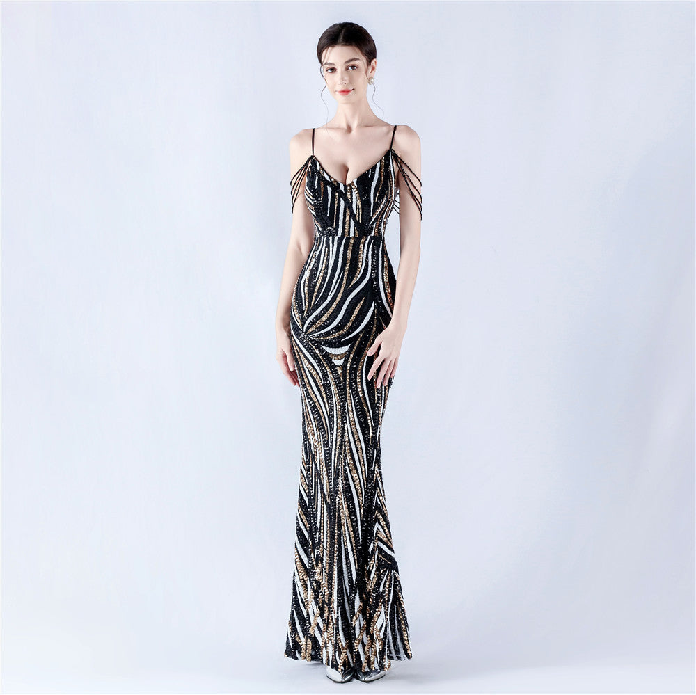 Sequin Stripes Contrast Color Fit Dinner Host Annual Meeting Sling Maxi Dress Women Black White