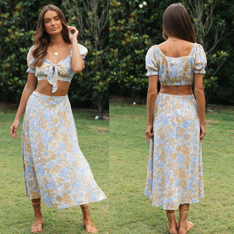 Summer Women Short Top Slit Hemline at Hem Maxi Dress Printing Suit Vintage Floral