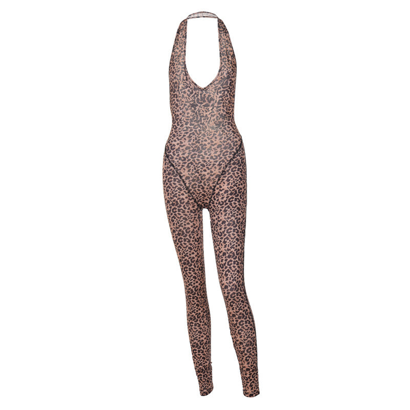 Summer Leopard Print Printed Sexy V-neck Backless Slim Fit Halter Jumpsuit