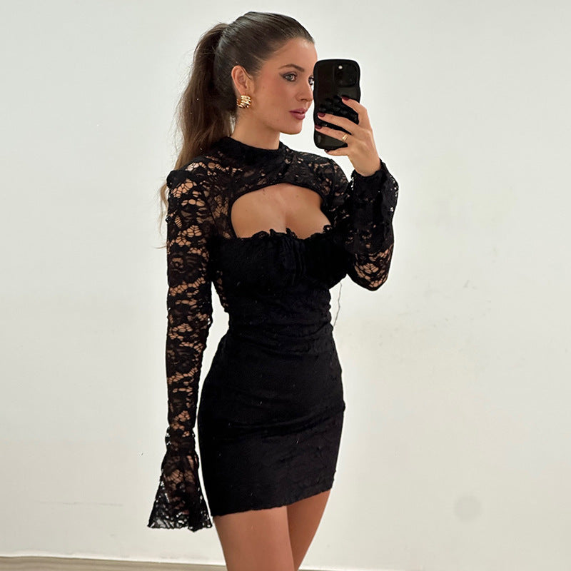 Women Clothing Lace Stitching Chest Hollow Out Cutout Flared Sleeve Waist Hip dress Black