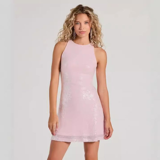 Dress Summer Pink Sequin Slim Fit Socialite Short Evening Dress