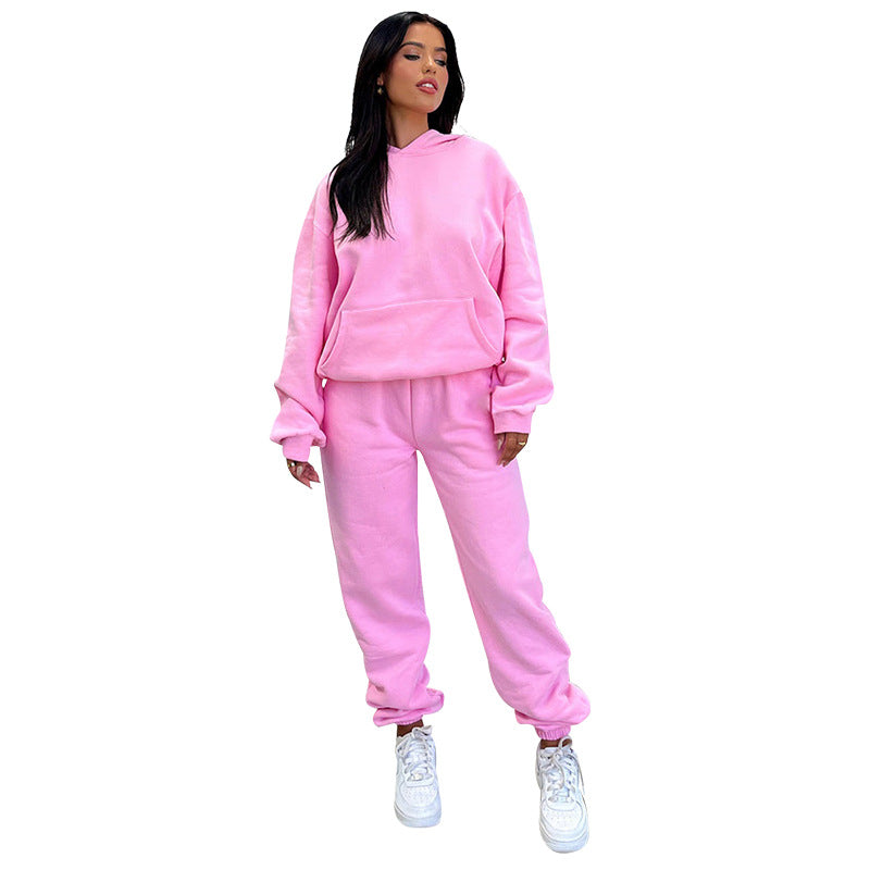 Autumn Winter Solid Color Long Sleeve Hooded Fleece Lined Sweater Women Casual Trousers sets Pink