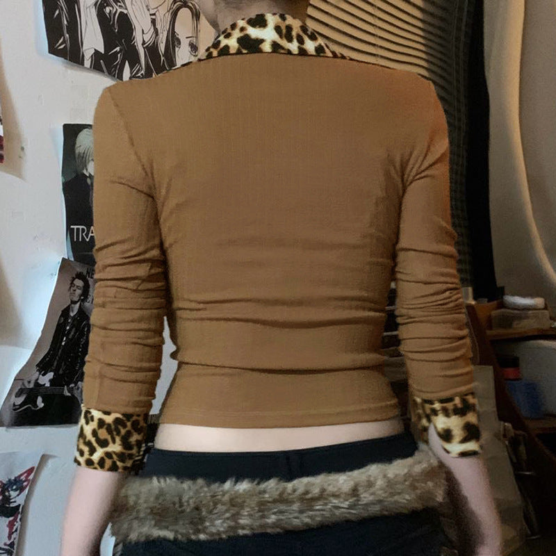 Leopard Print Collared Color Contrast Patchwork Sexy Long Sleeved Shirt Sexy Slim Fit Slimming Sunken Stripe Knitted Bottoming T shirt