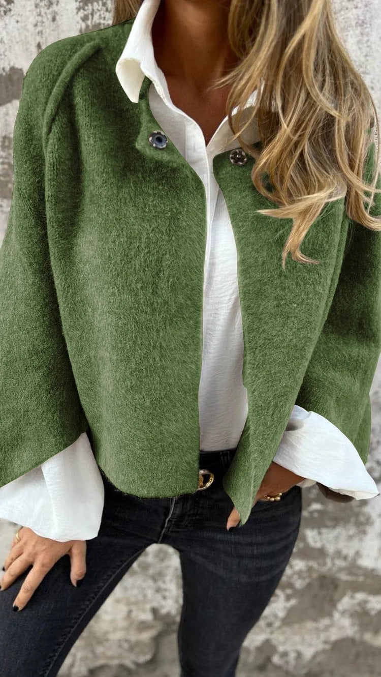 Autumn Winter Loose Short Cashmere Long Sleeve Coat Green