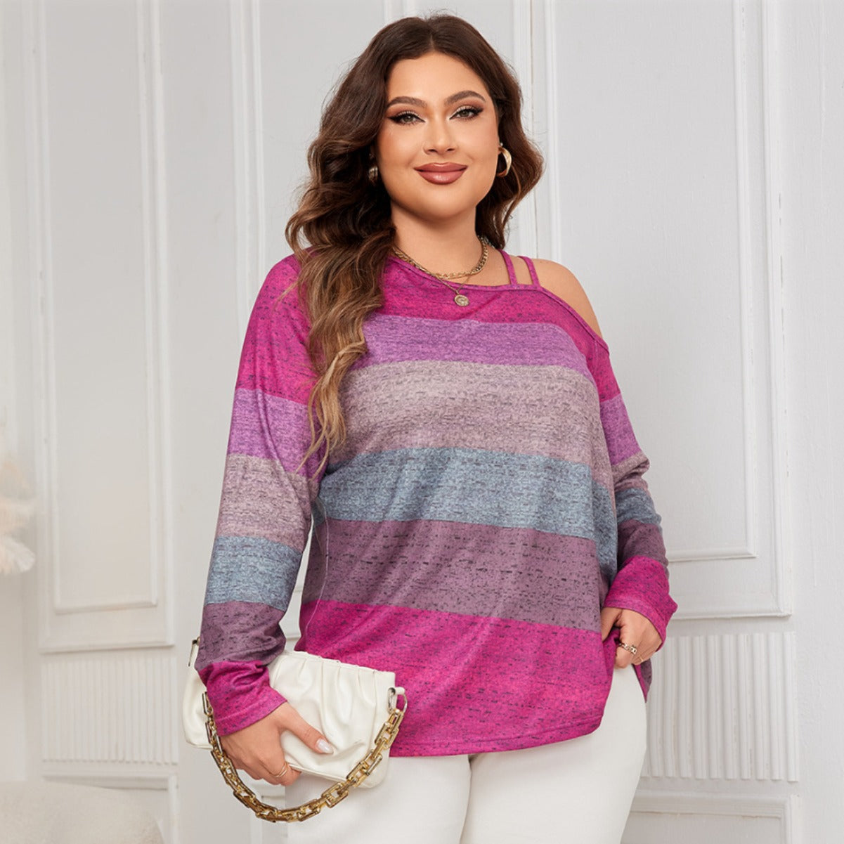 Plus Size Off Shoulder Loose Long Sleeve Shirt Diagonal Collar Color Matching Top Shirt Pink