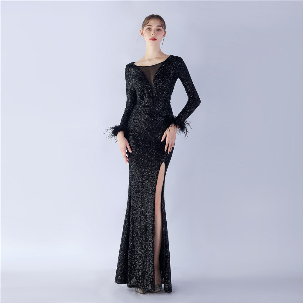 Craft Order Ostrich Feather High End Long Sleeve Sequin Evening Dress Black