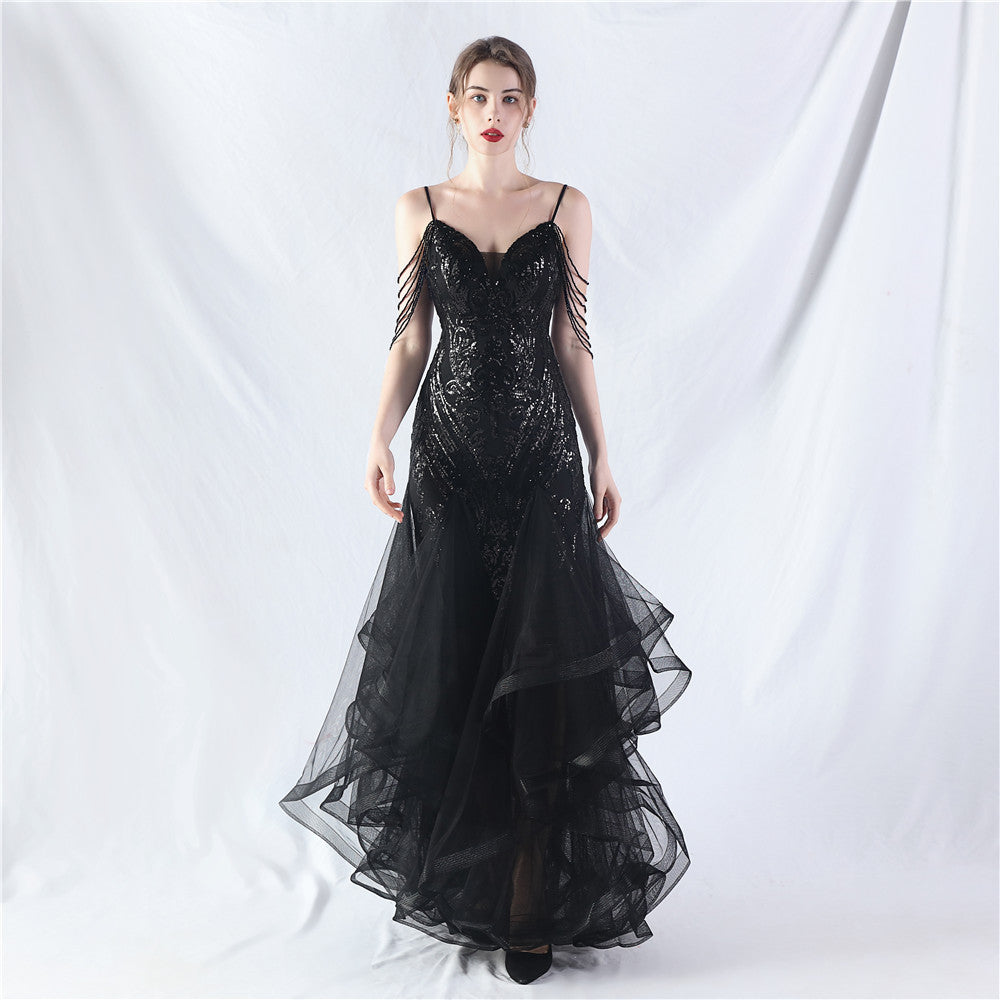 Craft Beads Hard Net Positioning Floral Sequin Stitching Mesh Dance Celebration Performance Dress Black