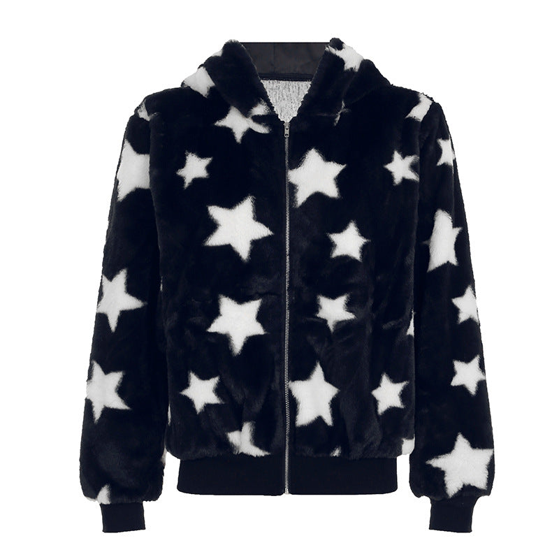 Five Pointed Star Hooded Loose Plush Warm Coat Millennium Sexy Street Contrast Color Niche Zipper Sweater