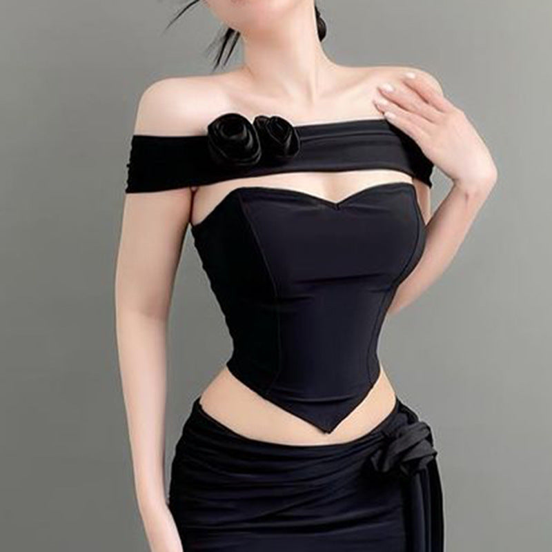 Fashionable Floral Slim Fit Boning Corset Top Internet Celebrity Same Sexy Tube Top for Women Black