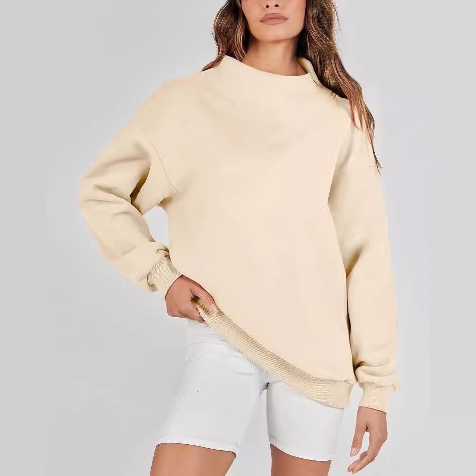 Autumn Winter Women Solid Color Stand Collar Sports Sweater