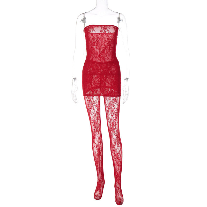 Women Clothing Summer Lace Sexy See Through Chest Wrapped Dress Trousers Two Piece Set Red