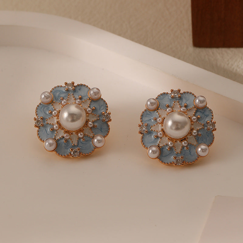 French Blue Color Oil Glaze Floral Stud Earrings Light Luxury High Grade Retro Minority Mid Ancient Pearl Earrings for Women