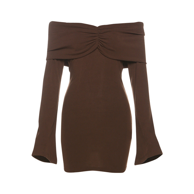 Autumn Winter Women Clothing Retro off Neck Slim Solid Color Bell Sleeve Dress Women Coffee