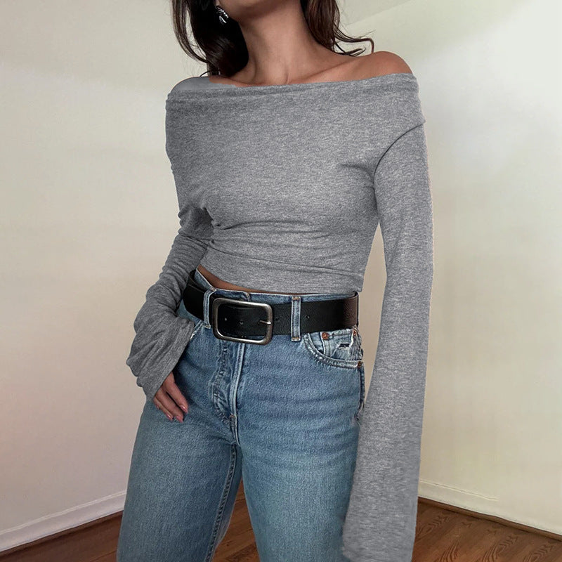 Knitted Pocket with Hat Basic Top Women Autumn Casual Solid Color All Matching Long Sleeve T shirt