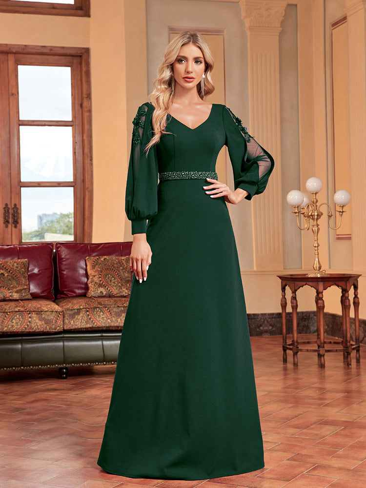 Long Sleeve Dress V neck Bead Maxi Dress Slim Fishtail Bridesmaid Cocktail Evening Dress Women blackish green