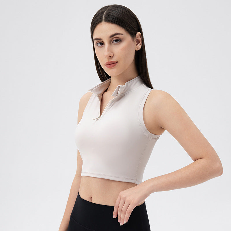 Sleeveless Stand Collar Slimming Yoga Clothes Vest Front Zipper Skinny Exercise Top with Chest Pad Running Workout Vest Women Milk Apricot