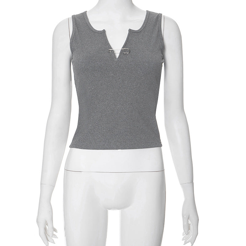 Women Clothing Summer Solid Color Sleeveless Solid Color Vest Cropped Top Gray